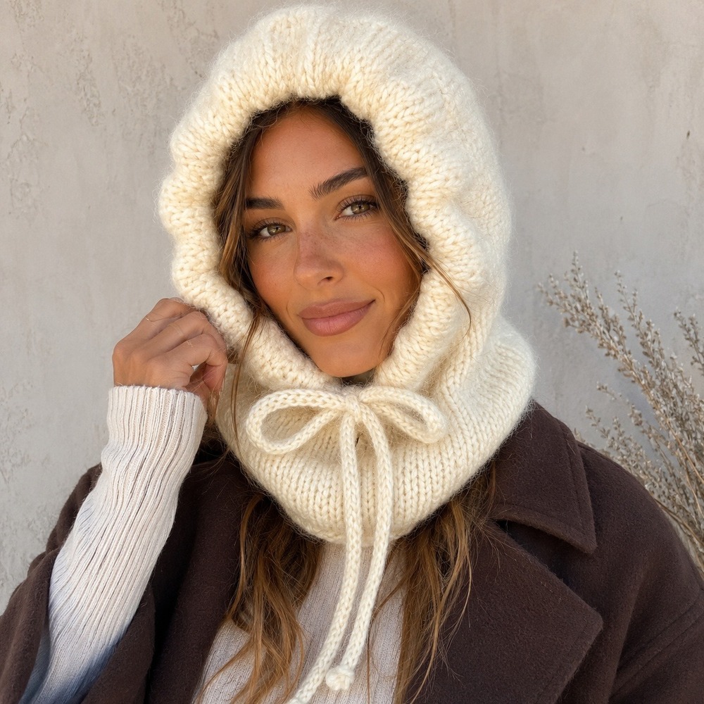 BeTa Knitted Wool Alpaca Balaclava Hood Knit Hood Cowl Ski Mask Accessory Ivory